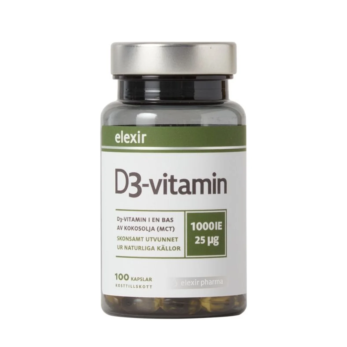 Förpackning: Elexir Pharma D3-vitamin, 1000 IE, 100 kapslar
