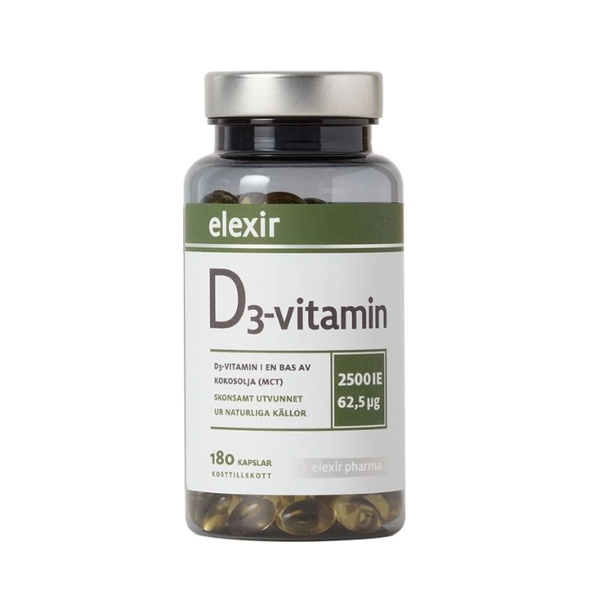 Förpackning: Elexir Pharma D3-vitamin, 2500 IE, 180 kapslar