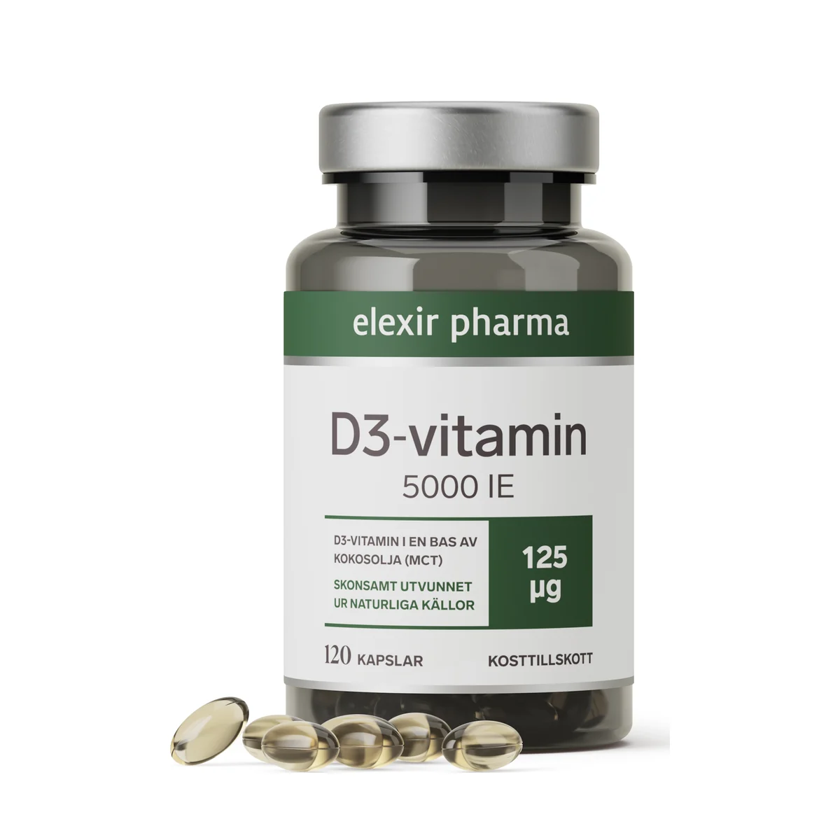 Förpackning: Elexir Pharma D3-vitamin, 5000 IE, 120 kapslar