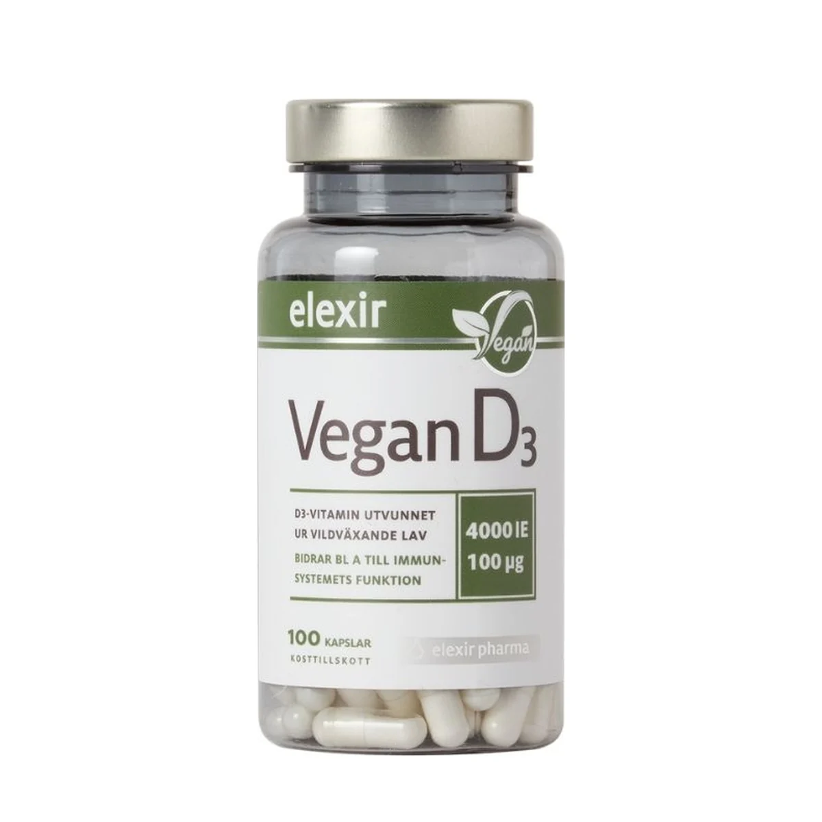 Förpackning: Elexir Pharma D3-vitamin vegan 4000 IE, 100 kapslar