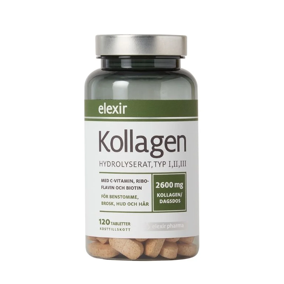 Förpackning: Elexir Pharma Kollagen typ I, II, III, 120 tabletter