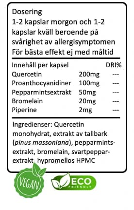Tillverkarens etikett för ALLERFREE: dosering, innehåll per kapsel och ingrediensförteckning