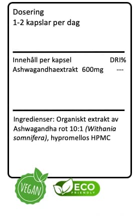 Tillverkarens etikett för ASHWAGANDHA: dosering, innehåll per kapsel och ingrediensförteckning