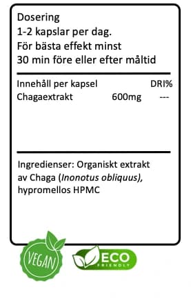 Tillverkarens etikett för CHAGA: dosering, innehåll per kapsel och ingrediensförteckning