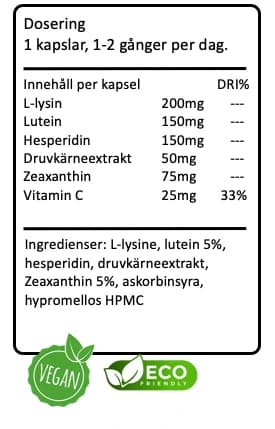 Tillverkarens etikett för EYELOVE: dosering, innehåll per kapsel och ingrediensförteckning