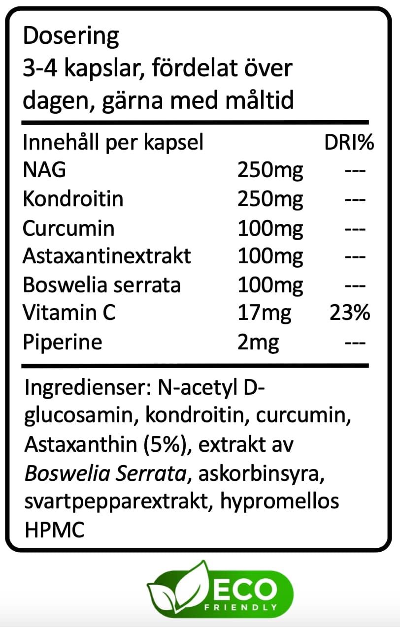 Tillverkarens etikett för INMOTION: dosering, innehåll per kapsel och ingrediensförteckning