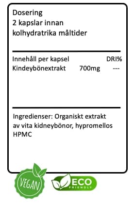 Tillverkarens etikett för KIDNEYBÖNEXTRAKT: dosering, innehåll per kapsel och ingrediensförteckning