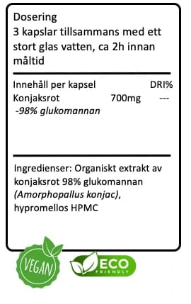 Tillverkarens etikett för KONJAKSROT: dosering, innehåll per kapsel och ingrediensförteckning