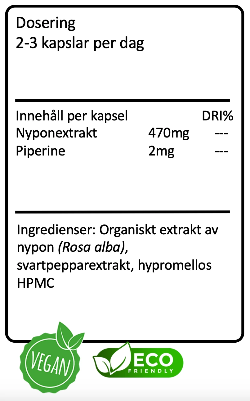 Tillverkarens etikett för NYPONEXTRAKT: dosering, innehåll per kapsel och ingrediensförteckning