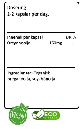 Tillverkarens etikett för OREGANOOLJA: dosering, innehåll per kapsel och ingrediensförteckning