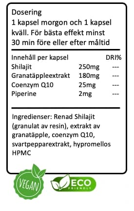 Tillverkarens etikett för SHILAJIT ONTOP: dosering, innehåll per kapsel och ingrediensförteckning